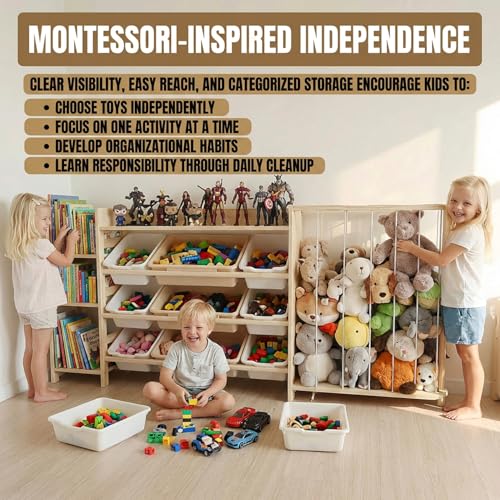 Amdermi Kids Toy Storage Organizer with Bookcase and Stuffed Animal Zoo, 4-in-1 Wooden Multi Bin Toy Shelf for Toddlers, Playroom, Bedroom, Nursery - color: Cream