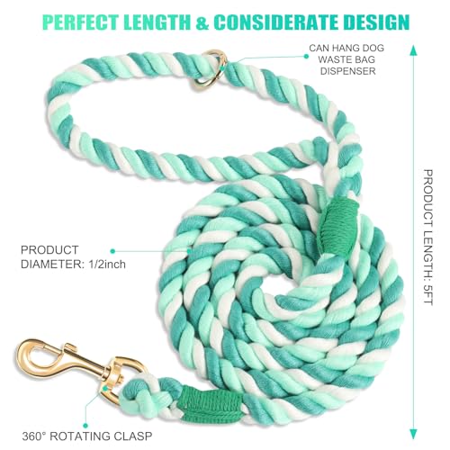 5 FT Handmade Rope Dog Leash for Small Medium and Large Dogs | Soft and Comfortable Grip, New Golden Heavy Duty Metal Clasp, Moss Green - color: Moss Green, size: 5FT x 1/2in (Pack of 1)