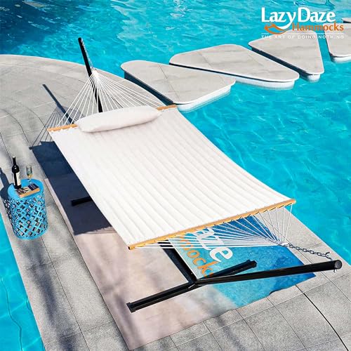 Lazy Daze 12 FT Sunbrella Quilted Hammock, Non-Fading Double Hammock | 2 Person Hammock with Pillow, Straps, Carabiners , All Weather Fade Resistant for Outside, Cast Pumice - color: Cast Pumice