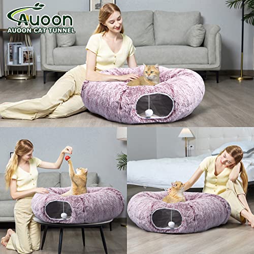 AUOON Plush Cat Tunnel Bed for Indoor Cats, 36"L x 36"W x 11.5"H, Rosiness | 2 in-1 Interactive Cat Toy, with Hanging Ball Toy, Machine Washable Center Pad, for Kitten Puppy Rabbit Ferret - color: Rosiness