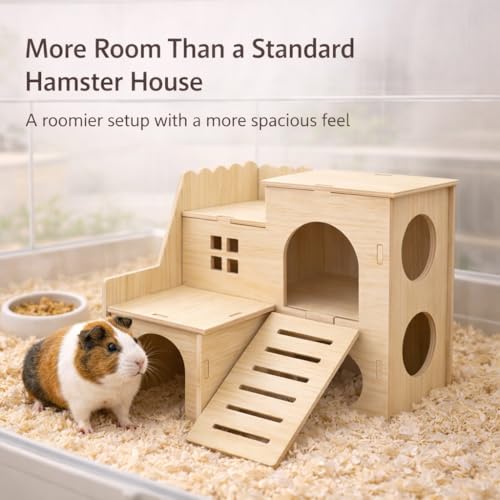 Large Hamster Maze Wood House Fun Slide House Double-Decker Hut Chew Toys for Bigger Syrian Hamsters Dwarf Gerbil Mouse Mice Rat Small Animals