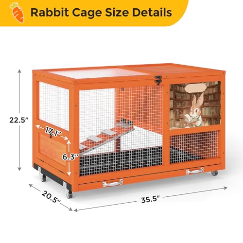 COZIWOW 36.5-Inch Double-Decker Wooden Rabbit Hutch with Wheels, Featuring A Cleaning Tray and Ladder—Stylish and Easy to Assemble（Orange and Pattern） - color: Orange and Pattern