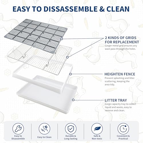 FHTONGE Extra Large Rabbit Litter Box Training Tray with Large Steel Grids | Low Entry Bunny Litter Pan, Rectangular Pet Toilet for Small Animal Rodent Guinea Pig Ferret Squirrel Opossum Sugar Glider - color: 0.6" Stee Grids + 0.4" PP Grids, size: 22x18x3