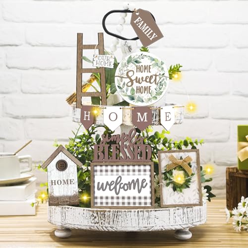 FairySandy Set of 11 Farmhouse Tiered Tray Decor Rustic Home Tiered Tray Decorations Set Wooden Signs Home This is Us Farmhouse Tabletop Wood Signs for Kitchen Table Shelf Decor - style: Greenery