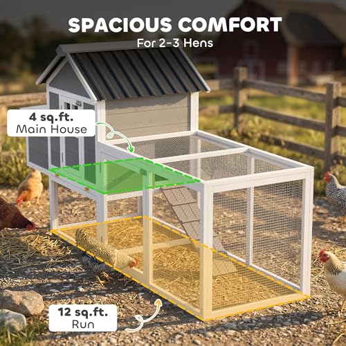 PawHut 82" Wooden Chicken Coop for 2-3 Hens with Nesting Box Gray | Large Outdoor Hen House Poultry Hutch, Pull-on Tray, Waterproof Roof, Ramp, Roosting Bars, Backyard Use
