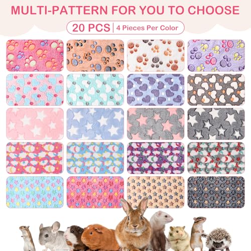 Newwiee 20 Pcs Waterproof Small Pet Fleece Blanket Bulk Washable Small Animal Cage Bedding Guinea Pig Puppy Dog Cat Pee Pad Liner Accessories(Assorted,18 x 13 Inch) - size: 18 x 13 Inch