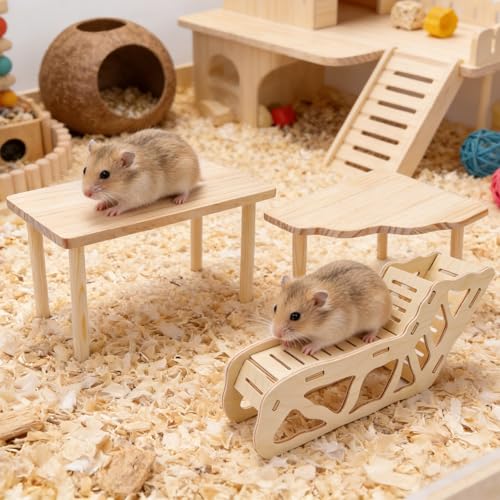 3 Sets Wooden Hamster Platform for Cage Accessories Natural Wood Climbing Toy Hideout, Expandable Habitat Decor for Dwarf Syrian Hamsters, Gerbils, Mice, Degus Sturdy Chew-Safe