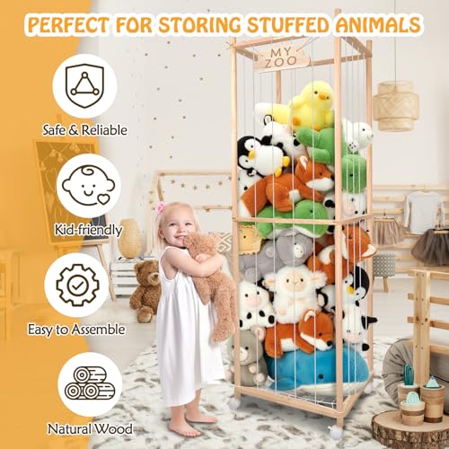 Stuffed Animal Storage Zoo with Wheels, 64" Wooden Large | Stuff Animals Plushies Holder, Toy Organizer Kids Plush Storage Cage, Elastic Band and Net, For Nursery Playroom Corner - color: Wooden