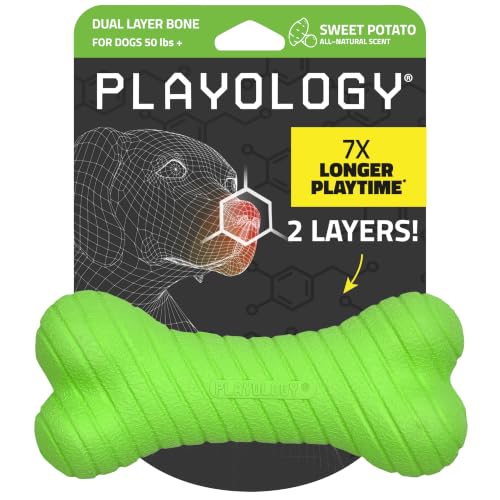 Playology Dual Layer Bone Dog Chew Toy - Jumbo, Sweet Potato Scent | Rubber Construction, All Natural Scent, Heavy Duty Design - size: Jumbo, style: Sweet Potato