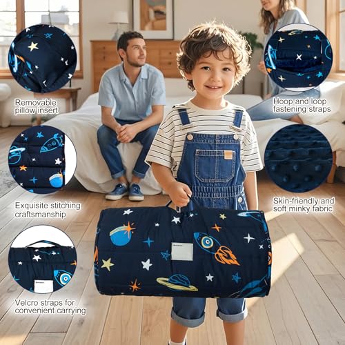 david's kids Minky Toddler Nap Mat with Removable Pillow and Minky Fleece Blanket, 55"x23",Soft Slumber Bags for Boys, Perfect for Preschool, Daycare, Kids Sleeping Bags with Rollup Design, Space - color: Space