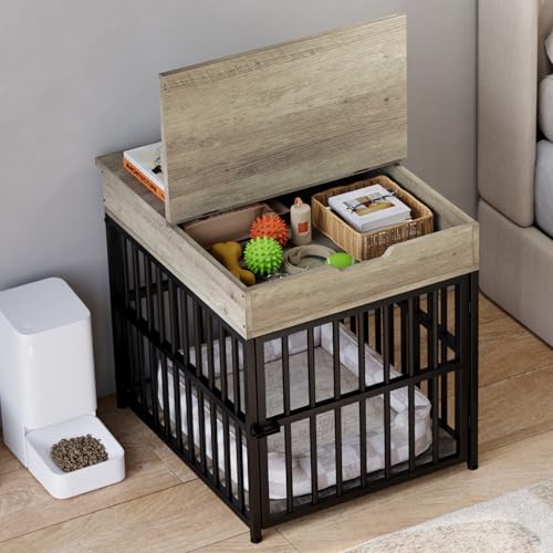 IRONCK Dog Crate Furniture for Small Dogs, Gray | Wooden Dog Kennel with Flip Top Drawer, Indoor Pet Crate End Table with Charging Station, Steel-Tube Dog Cage - color: Grey