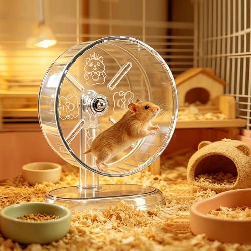 Hamster Exercise Wheel,Super-Silent Small Animals Exercise Wheels,Quiet Hamster Running Wheels with Adjustable Stand for Hamsters, Gerbils, Rats, or Other Small Pets (Transparent, 8.3 inch) - size: 8.3 inch