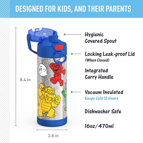 THERMOS FUNTAINER Water Bottle with Spout, 16oz, Mario | Kids Stainless Steel Insulated Water Bottle, Keeps Drinks Cold Longer for School & Play, BPA-Free - color: Mario, size: 16 Ounces