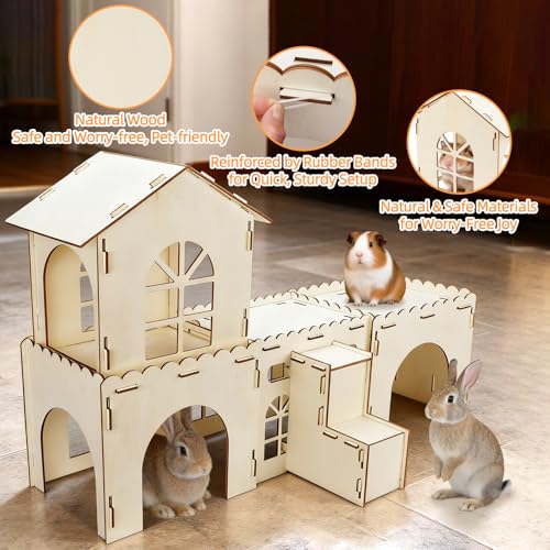 BWOGUE Extra Large Wooden Rabbit Castle, Bunny House Two Tiers with Stairs | Wooden Bunny Hideout, Rabbit Houses and Hideouts, Natural Pine Wood, Detachable Build, Two Doors, Guinea Pigs & Rabbits - style: 4 House and 1 Ladder