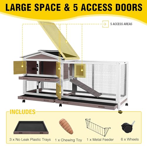 Aivituvin Rabbit Hutch Indoor 2 Story Bunny Cage Outdoor Guinea Pig Cage with Caster Wheels Chicken Coop with Run, 3 Pull Out Tray (Brown&White) - color: Brown&White
