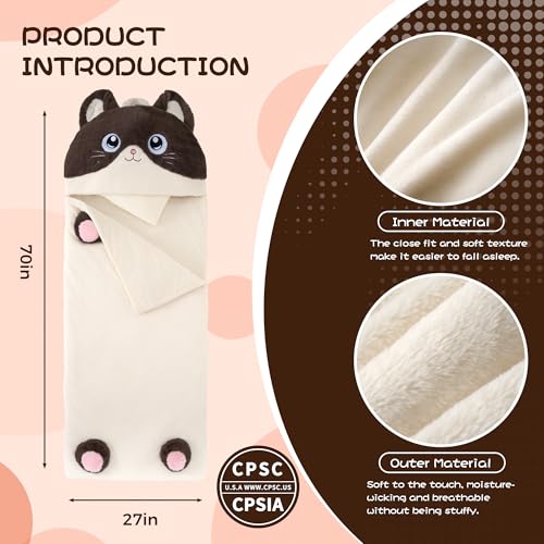 70" 4.2lbs Kids Sleeping Bag with Pillow Brown Cat Toddler Nap Mat | Sleep Sack 2-in-1 Sleeping Mat&Blanket Washable Rolls Up W/Handle For Daycare Kindergarten Thick Soft & Portable In Gift Box - color: Cat-Brown
