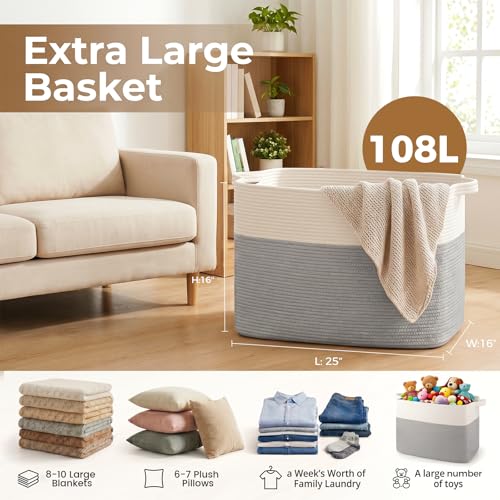 OIASKET 108L Cotton Rope Storage Basket for Living Room and Bedroom 25"x16"x16" Woven Laundry Basket, Heavy Duty Bin for Blankets, Pillows & Toys, Pet-Safe & Scratch-Free, Grey and White - color: Grey & White