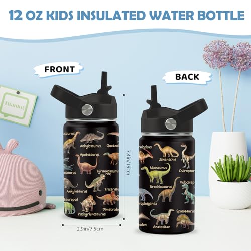 Dinosaur Water Bottle, Dinosaur Gifts, 12 oz Water Bottle with Straw | Stainless Steel Vacuum Insulated Bottle, Leakproof, Dinosaur Cup Gifts for for Boys - color: Dinosaur