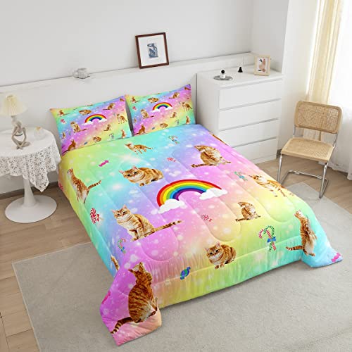 Erosebridal Cat Comforter Set, Starry Sky Bedding Set Twin for Girls Kids Boys Bedroom Decor, Rainbow Galaxy Down Comforter, Soft Breathable Microfiber Quilted Comforter with 1 Matching Pillowcase - color: Multi 38, size: Twin