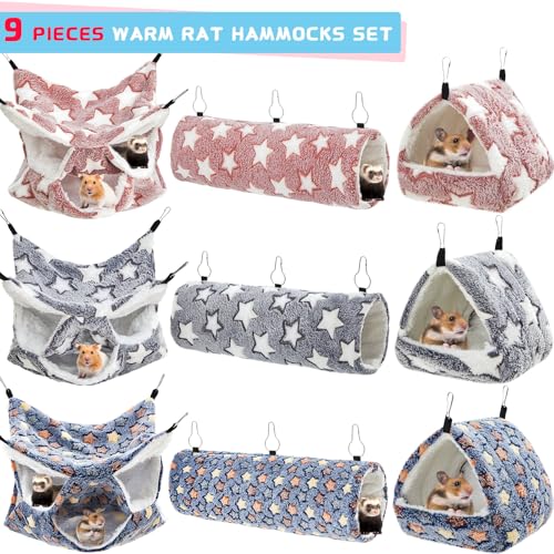 Abbylike 9 Pieces Rat Hammock 3 Tier Guinea Pig Ferret Hammocks Small Pet Hanging Tunnel Glider Toy Guinea Pig Ferret Hideout Bed Cage Accessories for Hamster(Navy,Grey,Pink,Star) - color: Navy,Grey,Pink,