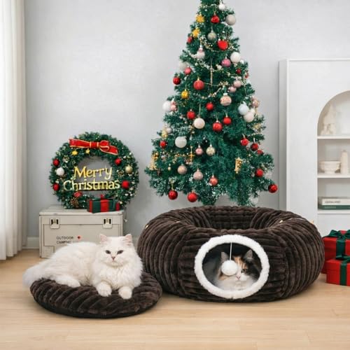 Dogpals Cat Tunnel Bed Cave 33" Lx10 Wx10 H for Indoor Cats (Coffee) | Washable Cozy Cushion, Soft Striped Plush Fabric, Hideaway Peekaboo Cave for Kittens, Puppies, Rabbits & Small Pets - color: Coffee