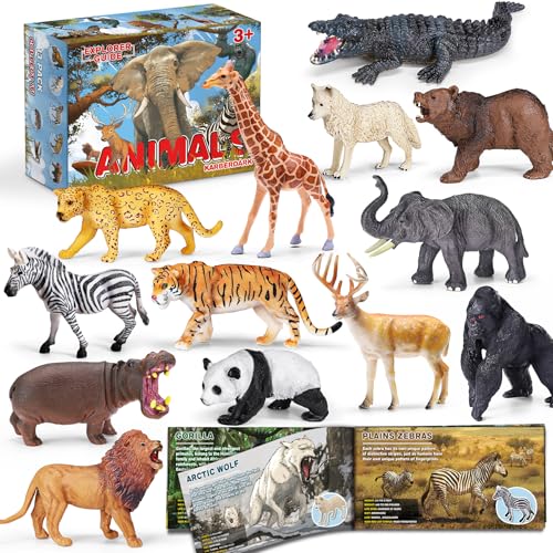 13 Pack Animal Figures with Booklet, Safari Jungle Animal Figurines | Realistic Safari Animals Figures for Kids, Plastic Zoo Animals Figurines for Toddle, Jungle Birthday Party Favor for Boy Girl