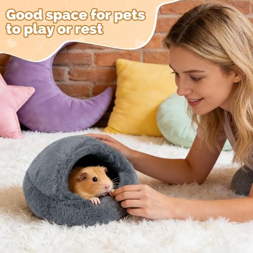 RAINFLOW Plush Guinea Pig Hideout Bed - Grey Fleece Hamster Cave Bed | Warm Cozy Small Animal Cave with Stable One-Piece Design, Washable Hamster Bed Hideaway for Guinea Pig, Bunny & Hedgehog Cage