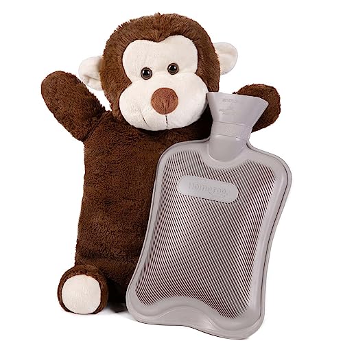 HomeTop Premium Classic Rubber Hot Water Bottle with Triceratops Cover | Natural rubber hot water bottle,Long-lasting heat retention,Snuggly all-night warmth - color: Gray/Monkey