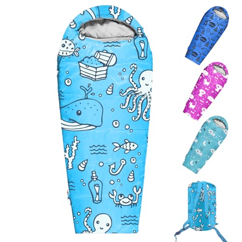 KidzAdventure Mummy Style 32 – 59F Kids Sleeping Bag with Pillow Sleeve, 4 Season, Lightweight and Backpacking Style, Ideal for Camping, Sleepover, Boys, Girls, and Youth - color: Aqua kids up to 4\'3"