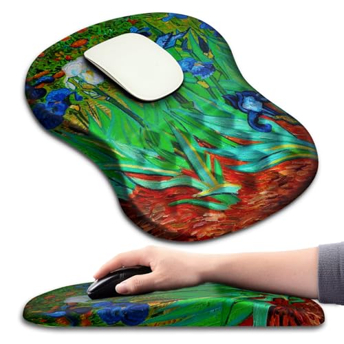 Hokafenle Ergonomic Mouse Pad Wrist Support with Massage Design, Wrist Rest Pain Relief Mousepad with Memory Foam&Non-Slip PU Base, Mouse Pads for Wireless Mouse & Desk(12x8 inch,Vangogh Iris Flower) - color: HK033-Van Gogh Iris Flower