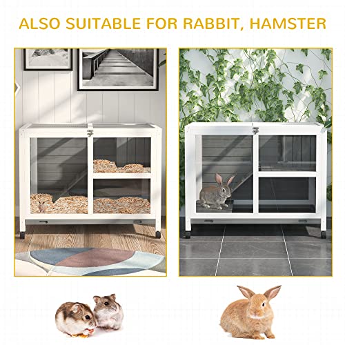 PawHut Rabbit Hutch with Wheels, Desk and Side Table Sized, Wooden Rabbit Cage, Waterproof Small Bunny Cage with Removable Tray, Openable Roof, for Indoor & Outdoor, Gray | Wooden Rabbit Cage, Waterproof Small Bunny Cage, Removable Tray, Openable Roof, fo