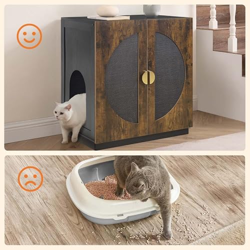 unipaws Tall Cat Litter Box Enclosure for Tall or Top Entry Litter Box | Hidden Litter Box Cover with Shelves, Kitty Enclosed Litter Box Cabinet, Cat Box Furniture - color: Rustic and Black