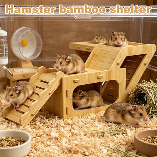 Wooden Hamster Hideout,Hamster Hideout Cage Accessories with Ladder(Z) | Platform for Syrian Hamsters Dwarf Gerbil Mouse - color: Bamboo-Light