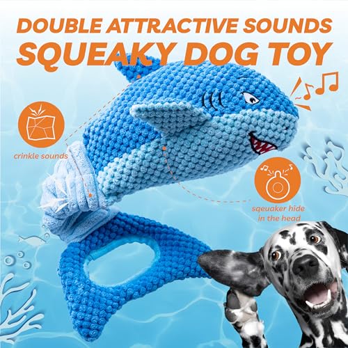 LEGEND SANDY Large Squeaky Dog Toys to Keep Them Busy, Interactive Plush Dog Toy,Crinkle Tug of War Dog Chew Toy for Small, Medium, and Large Dogs | Soft Plush Pet Toy，Puppy Chew Toy for Small Medium Large Breeds for Teething - color: Blue Shark