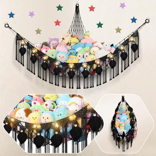82.7x59x59 Inch Jumbo Stuffed Animal Storage Hammock Corner Toy Net, Black | Macrame Leaf Hanging Stuffed Animal Net Organizer for Stuffy Plush,Toy Hammock Holder w/Star Lights,Nursery Room Decor Gift - color: Black, size: XXX-Large Leaf Style