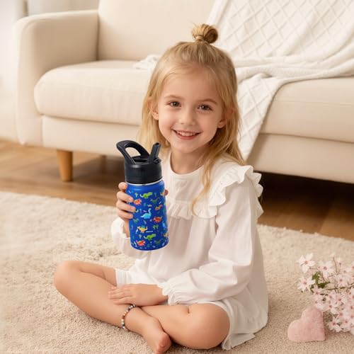 14 Oz Kids Water Bottle, Stainless Steel Water Bottle with Straws, Leak-Proof, BPA-Free, Insulated Water Bottles for School Boys & Girls|Blue Dinosaur - color: Blue cartoon dinosaur