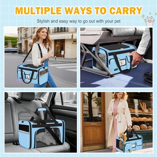 HUANLANG Large Cat Carrier Travel Soft Sided Pet Carrier Airline Approved | Dog Carriers for Small Dogs Medium Cats,Collapsible,3 Storage,zipper lock,Reflective strips,Luggage Strap, Up to 15 Lbs - color: Light Blue
