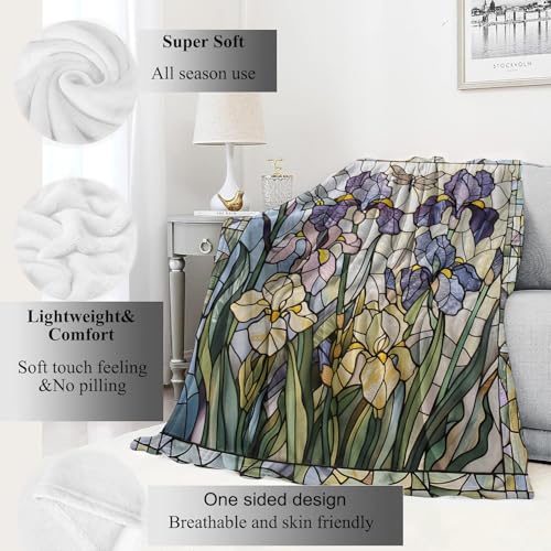 Stained Glass Irises Floral Blanket Butterfly & Dragonfly Throw Blankets,Gifts for Kids Woman Adult,Lightweight Soft Fleece, for Sofa Couch Bed Room Modern Artistic Decor 60x80in - color: Stained Glass, size: 60x80in