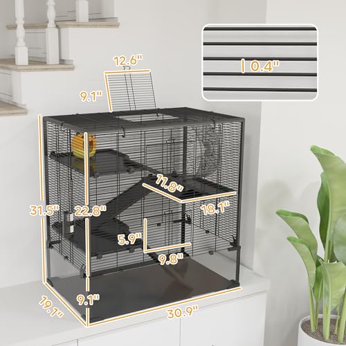 PawHut Large Hamster Cage with 9" Deep Tempered Glass Bottom, 4 Tiers Hamster Tank with Running Wheel, Hut, Water Bottle, Dish, Rat Cage for Syrian, Dwarf, Gerbils, Mouse, 31" x 19" x 31.5", Black | 4 Tiers Hamster Tank, Running Wheel, Hut, Water Bottle,