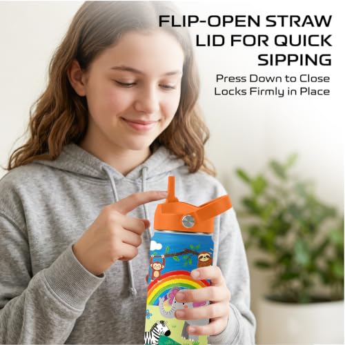 Cartoon Animal 16 oz Water Bottle with Straw –Kids Stainless Steel Vacuum Insulated Cup, Leakproof Straw Lid, Double-Wall Vacuum Travel Mug for Boys and Girls Outdoor Sports - color: Animal2