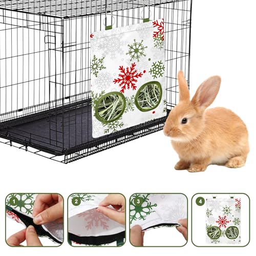 JarThenaAMCS 2 Pcs Winter Snowflake Rabbit Hay Feeder Bag with 2 Holes 11.5 x 9 Inch Christmas White Guinea Pig Hanging Hay Feeding Bag Storage Dispenser for Xmas Hamster Bunny Small Animal Pet