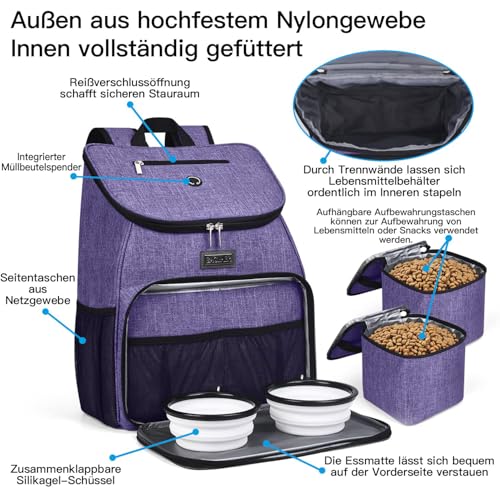 BAGLHER丨Dog Travel Bag, Airline Approved Pet Supplies Backpack, Dog Travel Backpack Accessories Set with 2 Silicone Collapsible Bowls and 2 Food Baskets. Purple - color: Purple-A