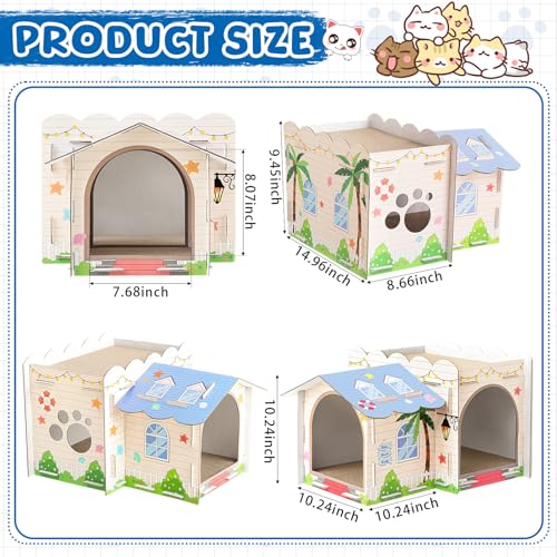 Lineshading 2 Story Cardboard Cat House with Scratcher Pad, Multi Level Durable Cat Scratcher House for Small Kitten Bunny Rabbit Animals Christmas Birthday Gift(17x12x10,Beach) - style: Beach