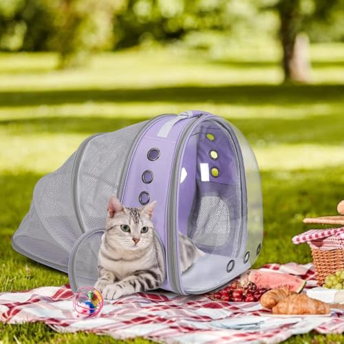 Expandable Cat Carrier Backpack with Bubble Window, Purple | Breathable mesh, anti-collapse frame, side door, safety leash and escape-resistant zippers for vet visits and outdoor travel. - color: Purple