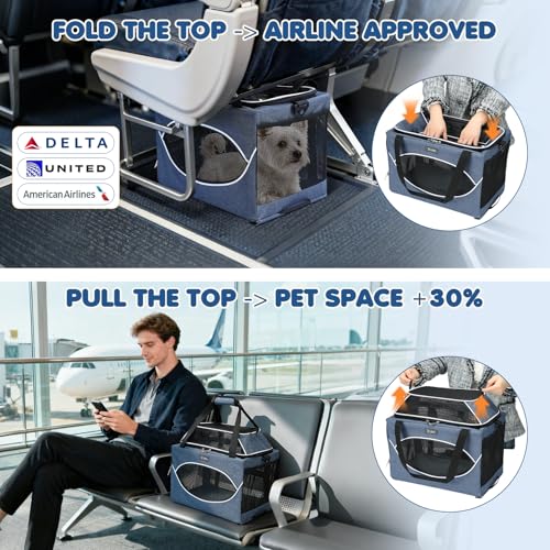 Lekereise Top-Expandable Pet Carrier 18x11x11Inch Delta American United Airline Approved Underseat to 15lbs Stable Car Travel Carriers for Small Dogs Cats with Locking Safety Zippers Anti-Scratch Mesh - color: Navy, size: 18"x11"x11"