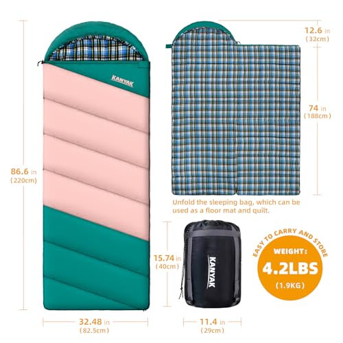 Cotton Flannel Lined Sleeping Bag for Adults Teens Kids, Cold Weather & Warm, 3 Seasons, Lightweight Compact Camping Essentials Equipment, Hiking, Outdoor, Travel - color: Green Pink