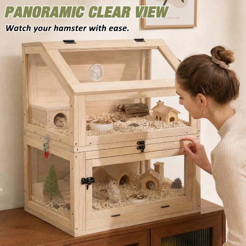 2-Tier Wooden Hamster Cage, 28"T Detachable Acrylic Habitat with Top Access | Ventilated Roof, Fold-Down Door, Closeable Passage, Dual Hideouts, Sliding Panels - color: Natural Wood, size: 23.6"L x 15.8"W x 27.6"H