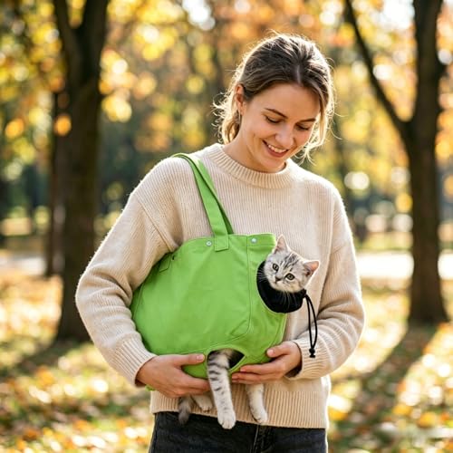 Cat Carrier Bag, Soft Pet Canvas Shoulder Carrying Pouch Hand Free Kitten Backpack with Holes for 5-11 lbs Small Dogs, Cats, and Pets Outdoor Travel, Green - color: Green