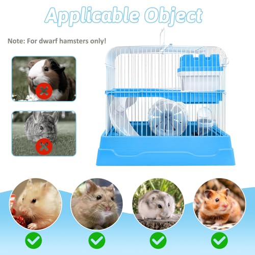 PINVNBY 2-Tier Dwarf Hamster Cage, Travel Portable Guinea Pig Cages Rat Cage and Habitats Small Animal Carrier with Castle House Exercise Wheels, Water Bottle and Food Dish(Blue) - color: Blue, size: M: 11.7x8.7x9.8in