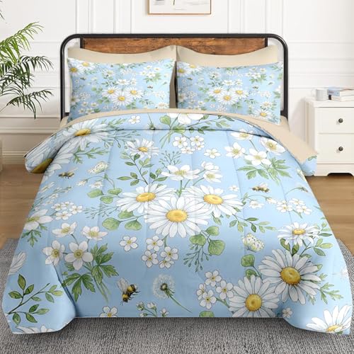 WeCozy Twin Comforter Set with Sheets, 5 Pieces Wildflower Daisy Bedding | Bed in A Bag for All Season, Flower Botanical Floral Daisies, Pillowcase & Sham for Kids and Adults - color: Daisy Flower, size: Twin